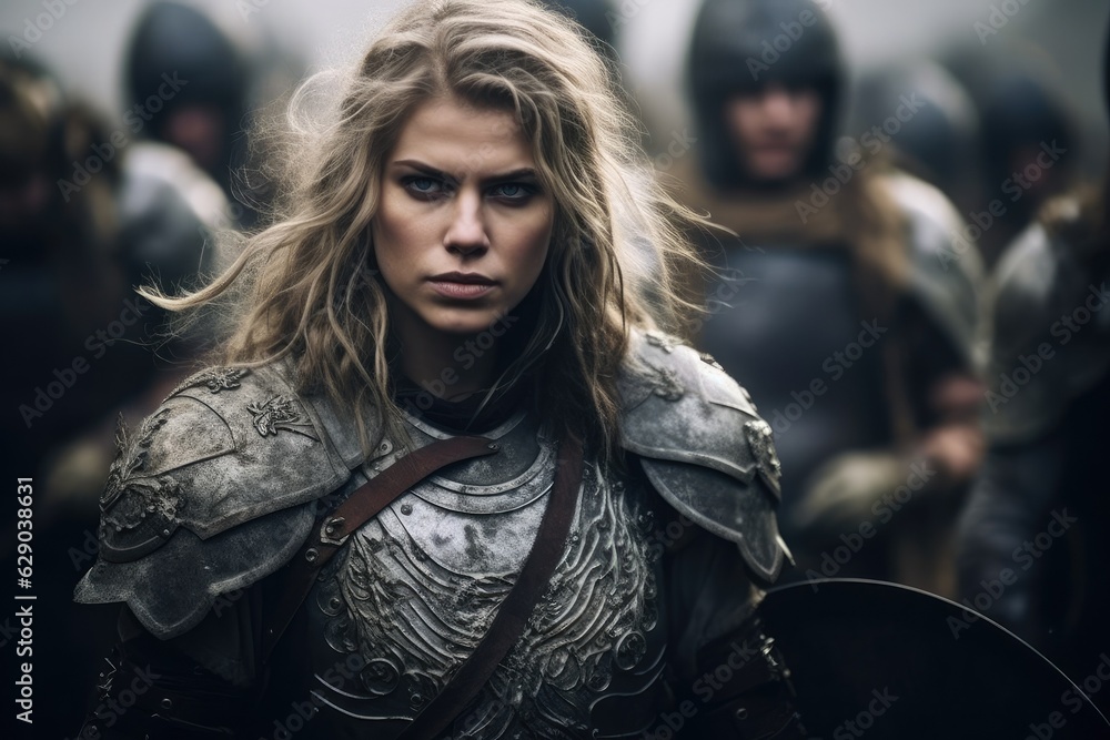 Portrait of an ancient female viking warrior with blonde hair, metal ...