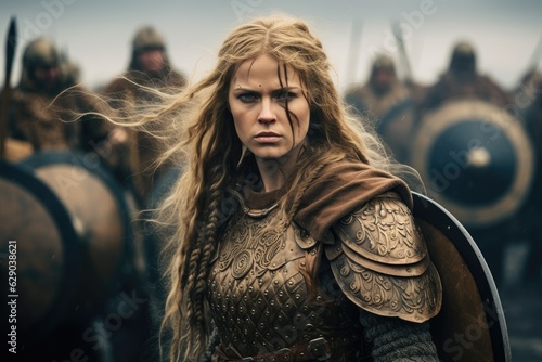 Photographie Portrait of an ancient female viking warrior with blonde hair, metal and leather armor stained with mud and blood