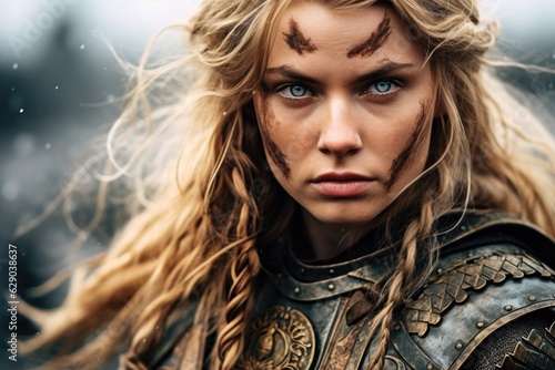 Portrait of an ancient female viking warrior with blonde hair, metal and leather armor stained with mud and blood. Fighting pose.
