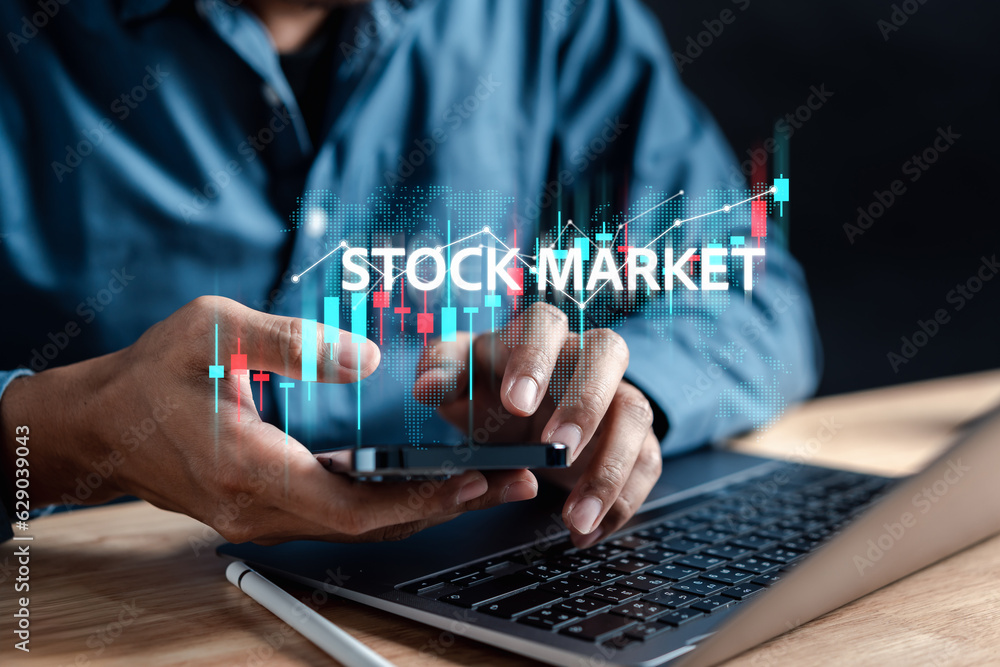Naklejka premium Businessman with stock market chart value up. finance and investment concept, Capital gain world money economic growth. financial graph chart, market report on cash currency concept.