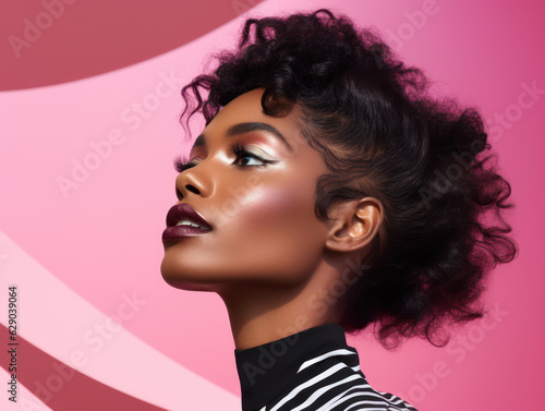 beautiful black woman against pink background, black fashion shoot portrait