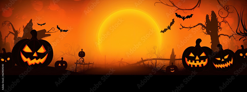 Halloween background. Illustration of carved pumpkin, lantern jack among candles and night lights, minimal concept, copy space Halloween background. Illustration of carved pumpkin, lantern jack among candles and night lights, minimal concept, copy space