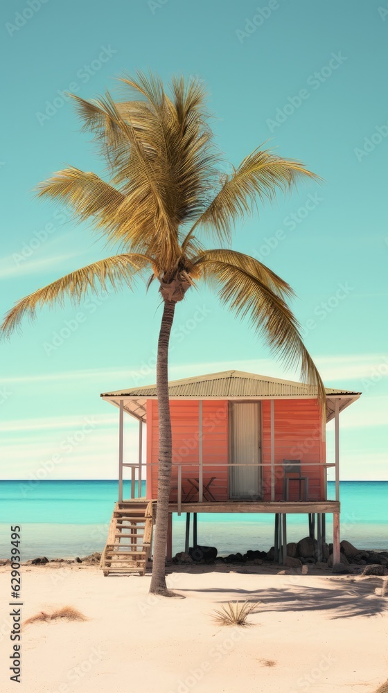 Bohemian beachfront hut illustration made with Generative AI Bohemian beachfront hut illustration made with Generative AI