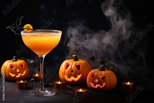 Halloween pumpkin orange cocktails. Festive drink. Halloween party. Funny Pumpkin with a glowing cocktail glass on a dark toned foggy background