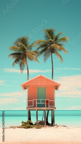 Bohemian beachfront hut illustration made with Generative AI © Santasombra