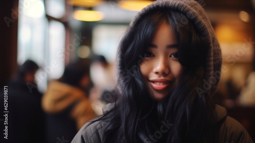 young adult woman at the entrance of a restaurant, waiting and welcoming dating or flirting, getting to know each other, first meeting, in the evening, indoor, standing in the doorway