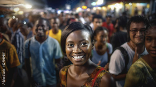 young adult woman african black people dark skin color in the crowd in a pedestrian zone in the evening or night, everyday life of local people or street party, fictitious, joyful spectacle