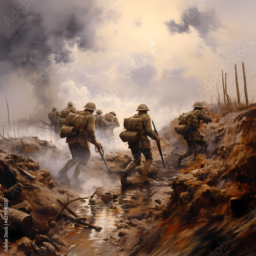 Obraz na płótnie generative ai, British Soldiers in WWI Battle