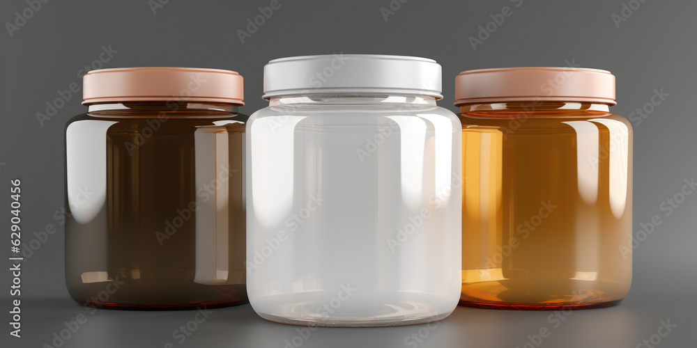 Generative AI, glass jars on a black background, a mockup, a blank for advertising vitamins, drugs, dietary supplements, a food storage container, a transparent bottle with a lid Generative AI, glass jars on a black background, a mockup, a blank for advertising vitamins, drugs, dietary supplements, a food storage container, a transparent bottle with a lid