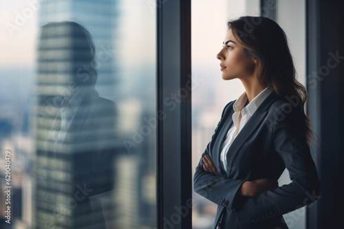 A determined businesswoman against cityscape high-rise window reflection with left-side copyspace
