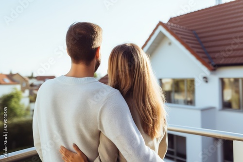 Loving couple looking at their home. Copy space