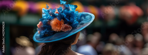 young woman in a beautiful elegant blue hat with flowers on the hippodrome before the races. hat parade at the races.  photo
