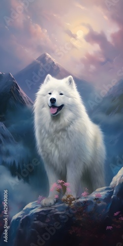 Obraz na płótnie samoyed in the mountains, in the style of fantasy characters, romantic moonlit s