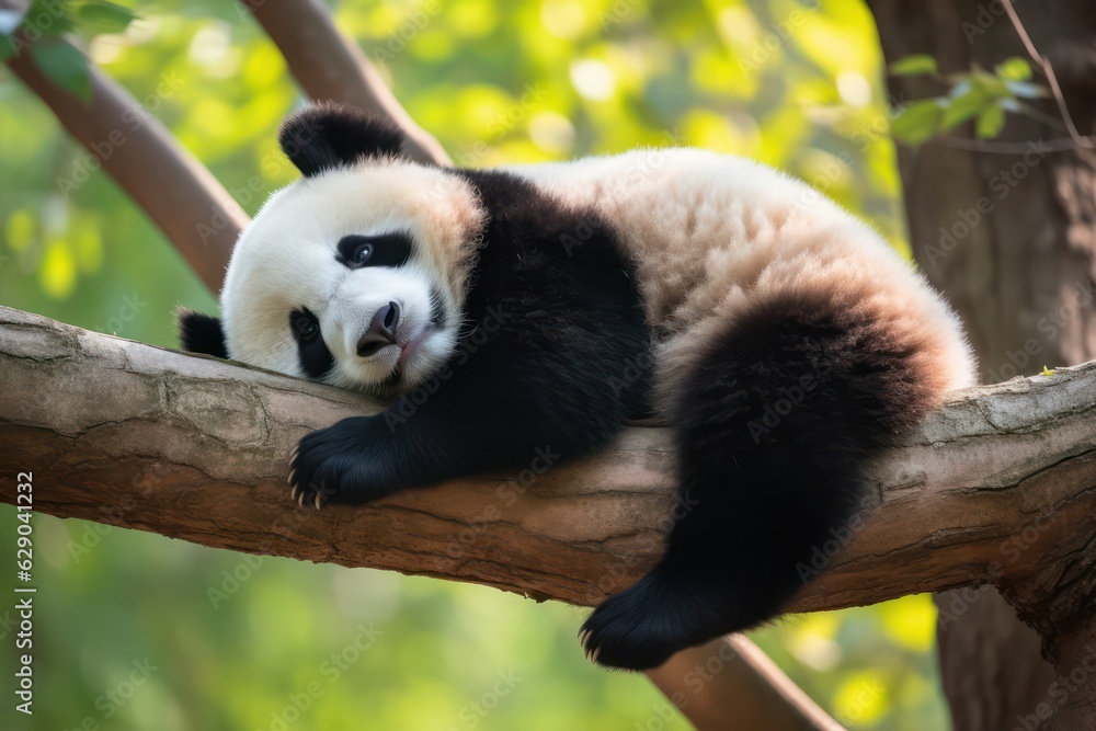 Fototapeta premium Panda Bear Sleeping on a Tree Branch, China Wildlife. Bifengxia nature reserve, Sichuan Province. Cute Lazy Baby Panda Sleeping in the Forest, Enjoying an afternoon nap with paws Hanging Down.