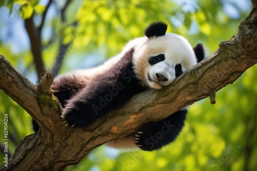 Panda Bear Sleeping on a Tree Branch, China Wildlife. Bifengxia nature reserve, Sichuan Province. Cute Lazy Baby Panda Sleeping in the Forest, Enjoying an afternoon nap with paws Hanging Down. © Anatolii
