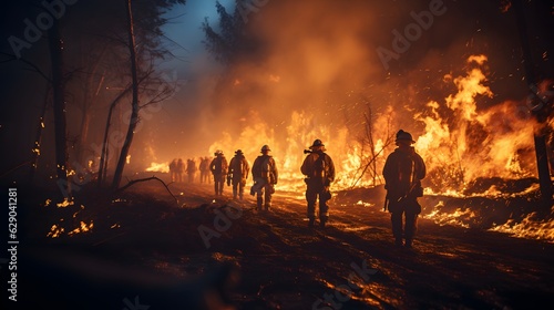 Firefighters extinguish a fire in the forest. Firefighters fighting a fire.