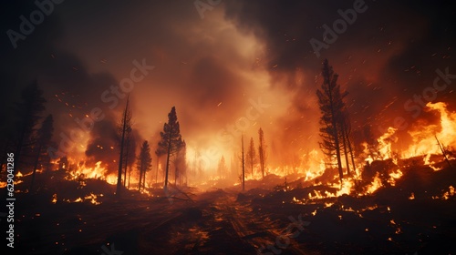Burning forest at night. Natural disaster. Fire in the forest. Inferno with forrest on fire.
