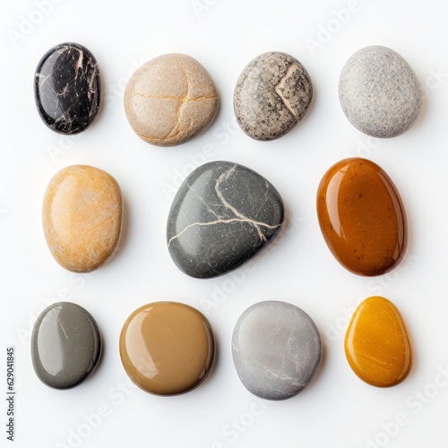 collection of various pebble stones isolated on white background, top view © Nagehan