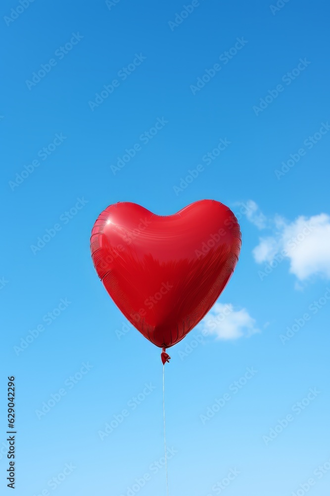 Red heart-shaped balloon on blue sky background. Valentines day
