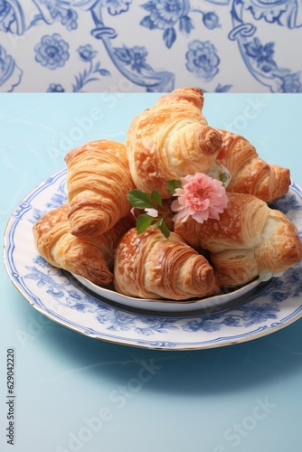 Croissants on a blue plate with flowers on a blue background