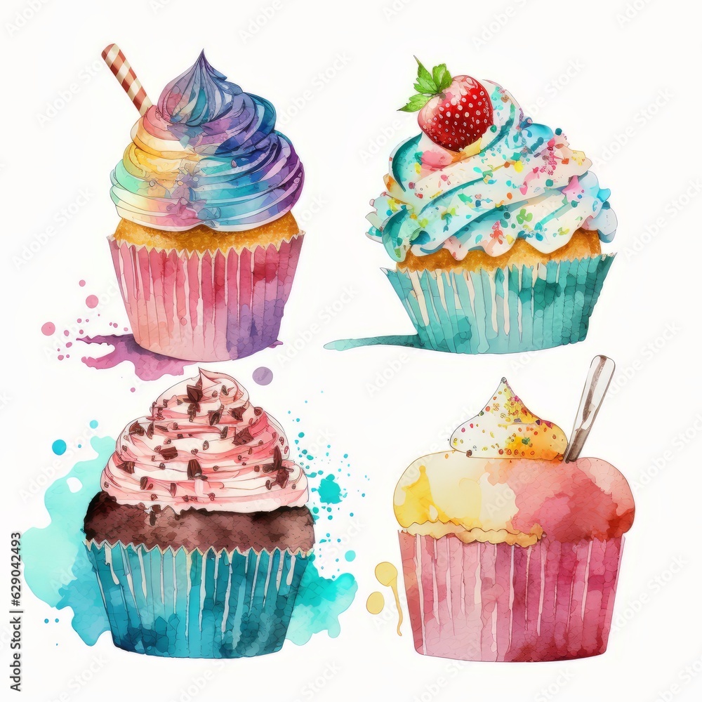 Watercolor cupcakes set. Hand painted vector illustration isolated on ...