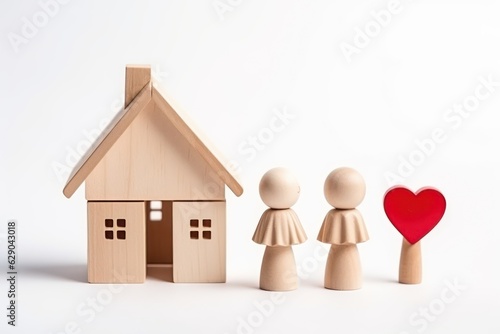 Symbolic wooden house and figurines of a symbolic family with a gift on a white background