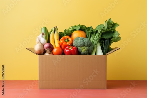 cardboard box with food. vegetables and fruits in a cardboard box. food delivery and footbank concept photo