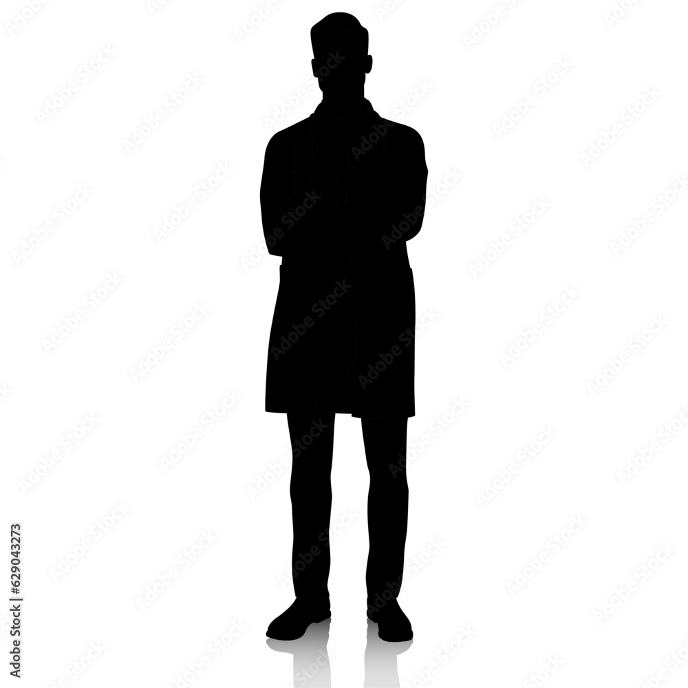 Silhouette of a doctor in a white coat with crossed hands. Male healthcare worker. Hand-drawn vector illustration set isolated on white