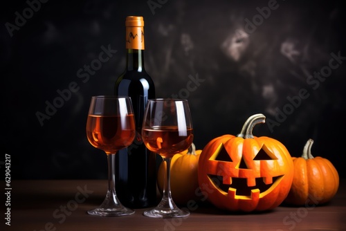 Two glasses of wine and bottle with Halloween - old jack-o-lantern on dark toned foggy background. Scary Halloween pumpkin