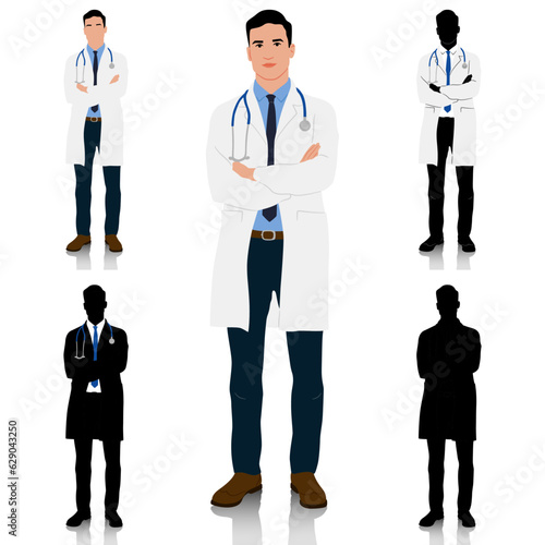 A doctor in a white coat with crossed hands. Male healthcare worker. Hand-drawn vector illustration set isolated on white