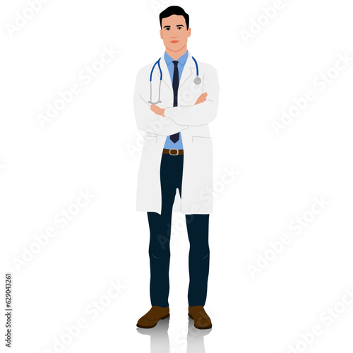 A doctor in a white coat with crossed hands. Male healthcare worker. Hand-drawn vector illustration set isolated on white