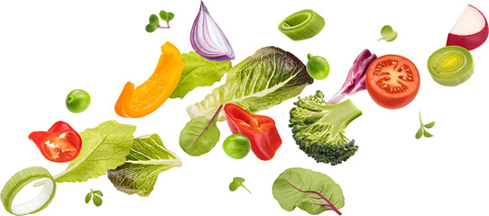 Falling vegetables, fresh salad of bell pepper, tomato and lettuce leaves
