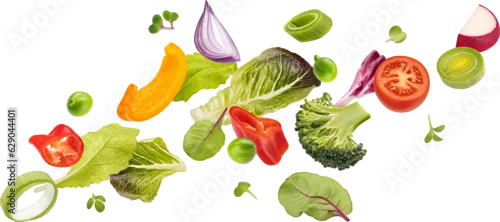 Panel kuchenny z motywem Falling vegetables, fresh salad of bell pepper, tomato and lettuce leaves