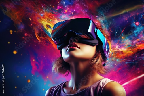 Woman wearing virtual reality glasses in a colorful virtual world. Future technology concept