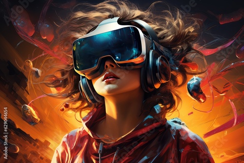 Woman wearing virtual reality glasses in a colorful virtual world. Future technology concept