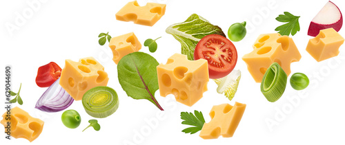 Fototapeta Naklejka Na Ścianę i Meble -  Falling cheese cubes with salad leaves and vegetable slices isolated