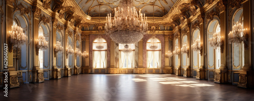 An Extravagant European Ballroom, Palace Styled Room With Large Windows and Natural Lighting, a Chandelier Hanging From the Ceiling, Gold Decorations, Baroque Style Architecture, generative AI