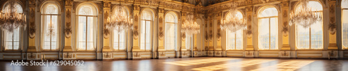 An Extravagant European Ballroom, Palace Styled Room With Large Windows and Natural Lighting, a Chandelier Hanging From the Ceiling, Gold Decorations, Baroque Style Architecture, generative AI