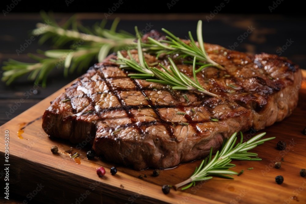 Grilled steak with rosemary and sauce served on a wooden board Grilled steak with rosemary and sauce served on a wooden board