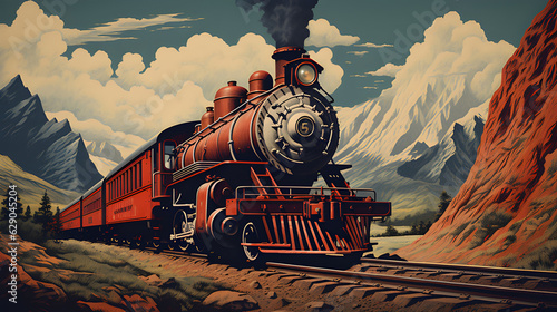 A rustic poster featuring a classic steam locomotive chugging along a mountainous landscape