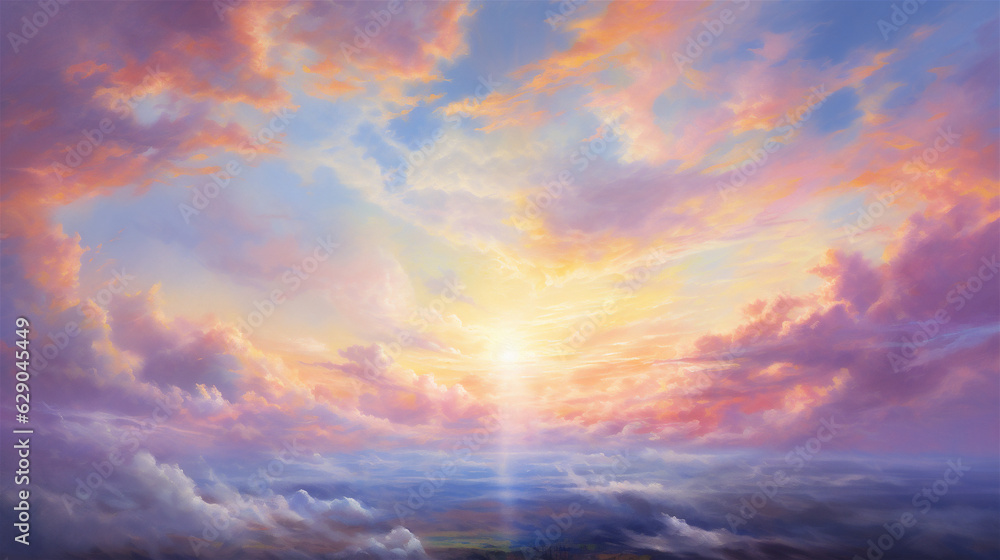 Naklejka premium Heavenly Sky, Sunset Above the Clouds Painting, Representing Hope, Divinity, and The Heavens, Generative AI