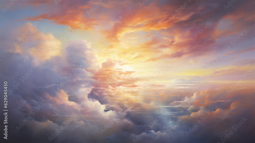 Fototapeta premium Heavenly Sky, Sunset Above the Clouds Painting, Representing Hope, Divinity, and The Heavens, Generative AI
