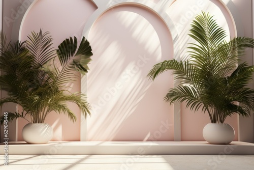 Abstract white studio background for product presentation. Empty room with shadows from windows and flowers and palm leaves. 3D room with copy space. Ai generative