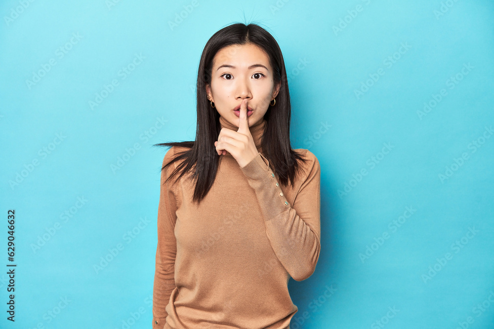 Young Asian woman in brown turtleneck, keeping a secret or asking for silence. Young Asian woman in brown turtleneck, keeping a secret or asking for silence.