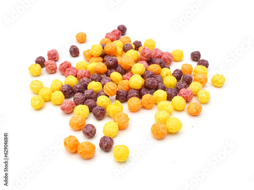 Delicious and nutritious fruit cereal loops flavorful, healthy and funny addition to kids breakfast on white 