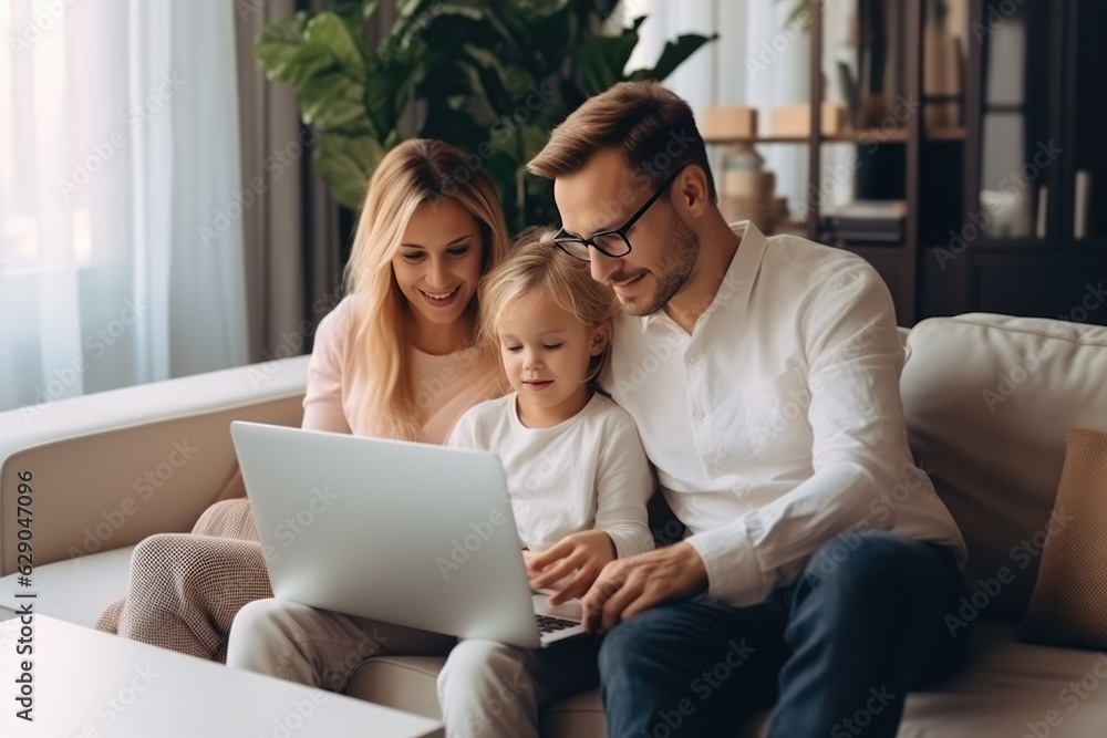 Family with little child spend time together seated on couch in living room with laptop planning holidays tour booking hotels, e-commerce, apps users, shoppers choose online services and goods concept Family with little child spend time together seated on couch in living room with laptop planning holidays tour booking hotels, e-commerce, apps users, shoppers choose online services and goods concept