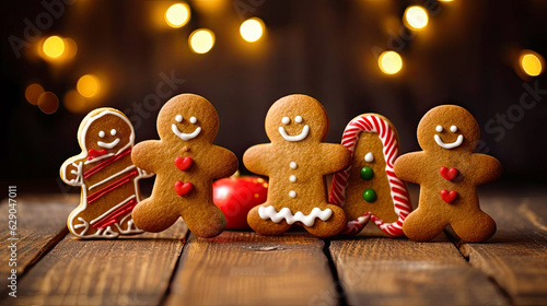 Gingerbread men on the wooden kitchen table with christmas sweeets and bokeh in the background photo