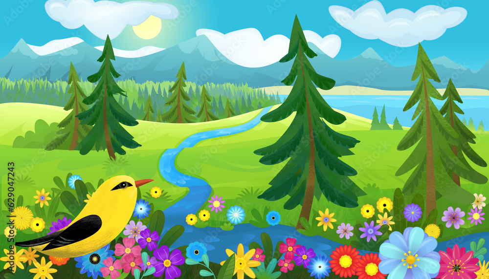 Obraz premium cartoon happy fairy tale scene with nature forest and funny bird on meadow illustration for children