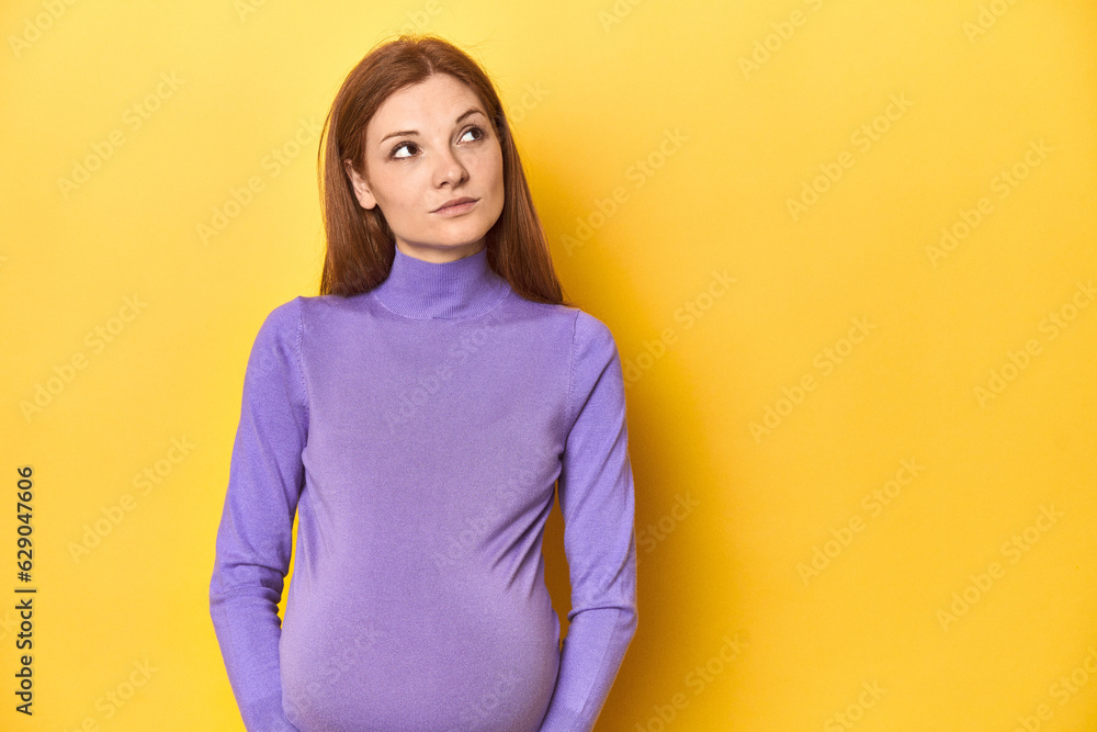 Pregnant redhead woman, anticipating motherhood dreaming of achieving goals and purposes Pregnant redhead woman, anticipating motherhood dreaming of achieving goals and purposes