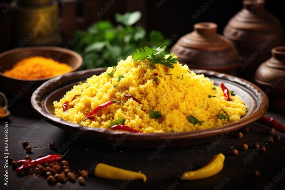 couscous with vegetables and herbs on a dark rustic wooden background couscous with vegetables and herbs on a dark rustic wooden background